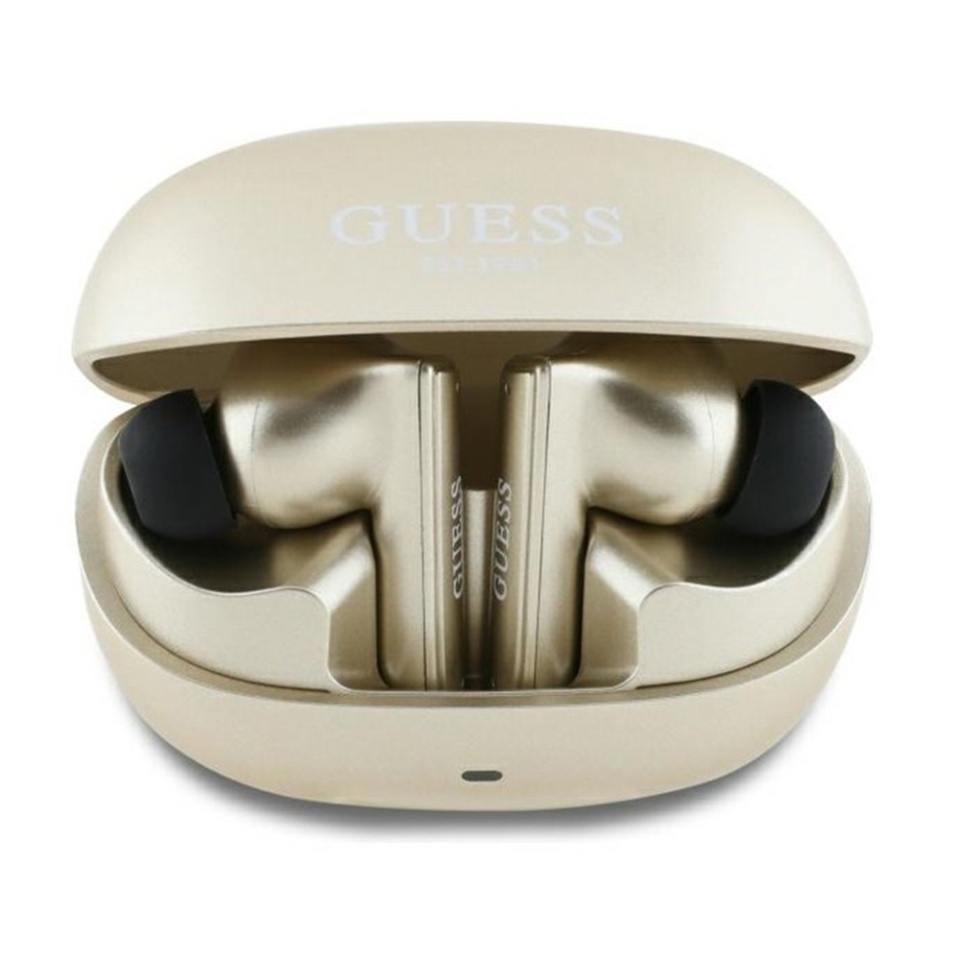 Casti Bluetooth Wireless, GUESS Wireless Earbuds Printed Logo GUTWST88, Casti fara Fir, Bluetooth 5.3, TWS, USB-C, cu dock de incarcare, Rezistente la Praf IPX6, Auriu