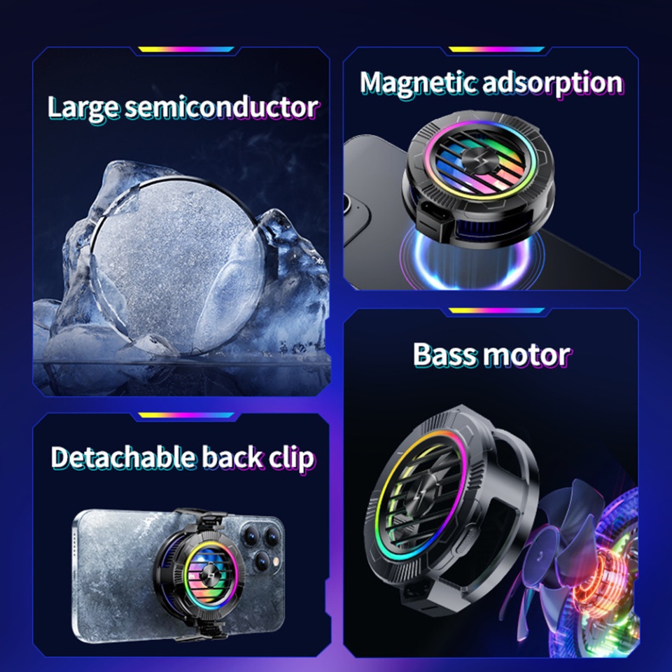 Cooler magnetic pentru telefon, Cu Lumini RGB, detasabil, Racire rapida si zgomot redus, Universal, set cu sticker, Negru - 2 | YEO