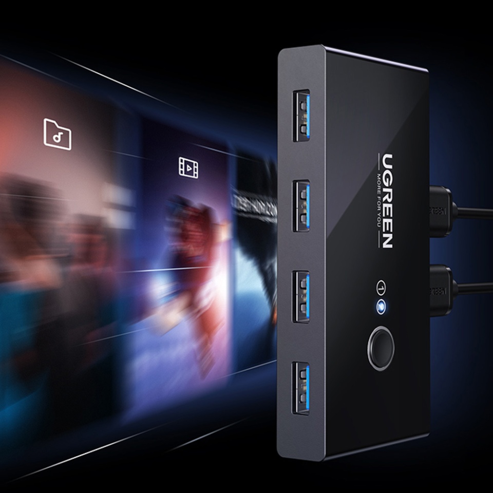 Docking Station 2x Cabluri USB, 4x USB-A, LED, 5Gbs/s, 1.5m, Ugreen Sharing Switch Box US216, Negru - 2 | YEO