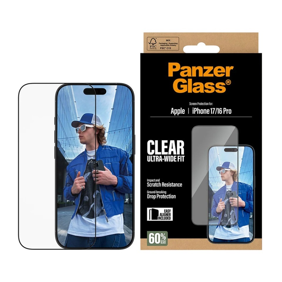 Folie Sticla pentru iPhone 16 Pro / 17, Ultra-Wide Fit w. EasyAligner, PanzerGlass, Anti-Soc si Anti-Bule, Transparent - 2 | YEO