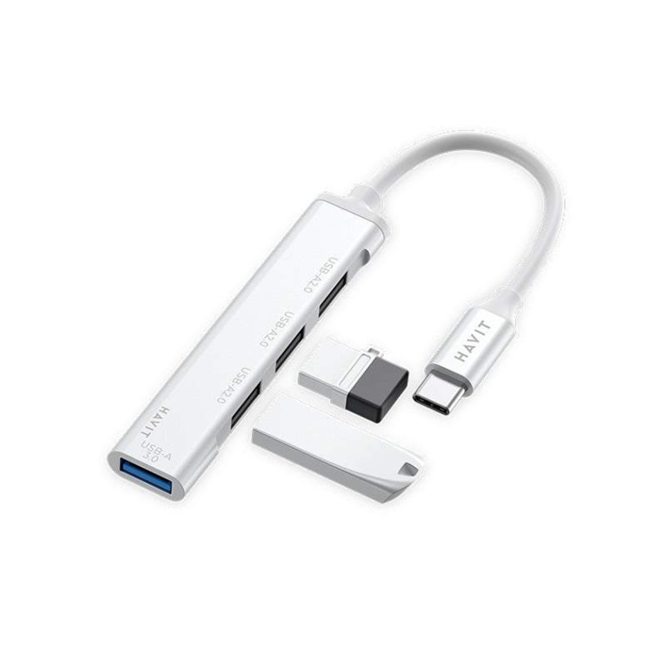 Hub Type-C la USB 3.0, 3x USB 2.1, cablu 11.8cm, Aluminiu, Havit HB41, Argintiu - 1 | YEO