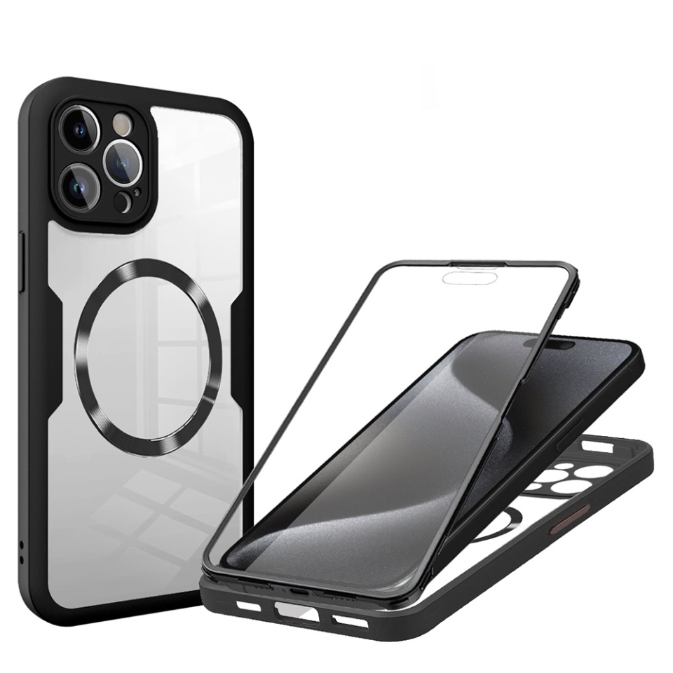Husa + Folie pentru iPhone 15 Pro, SKYDDAR INNOVATION, [Pachet 360°] ColorVerse MagSafe, Negru, set cu sticker