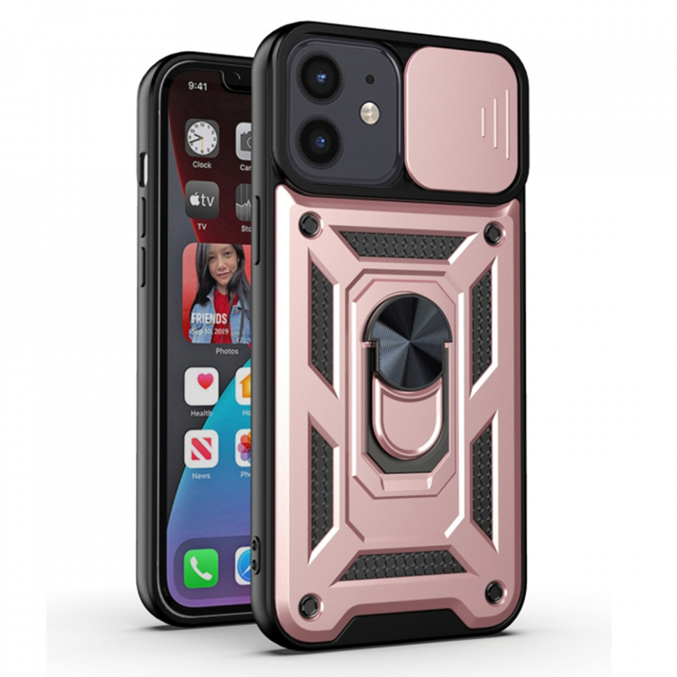 Husa iPhone 12 / 12 Pro cu inel magnetic si protectie camera Skyddar CamShield - Rose Gold