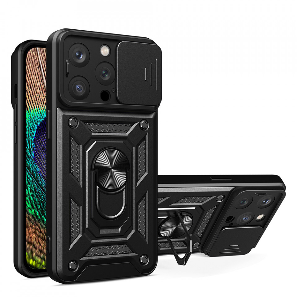 Husa iPhone 14 Pro Max cu inel magnetic, Techsuit CamShield - Negru