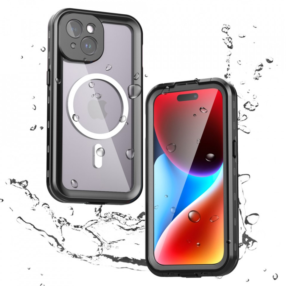 Husa iPhone 15 rezistenta la apa, Waterproof IP68, ShellBox - Negru