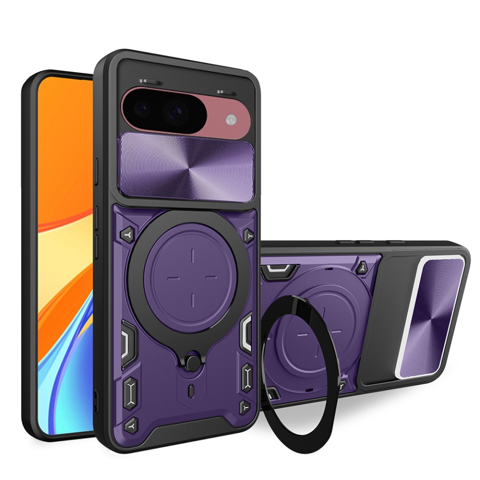 Husa pentru Google Pixel 9 / Pixel 9 Pro, cu inel magnetic si suport ajustabil, protectie completa camera, SKDR SafeCover - Mov