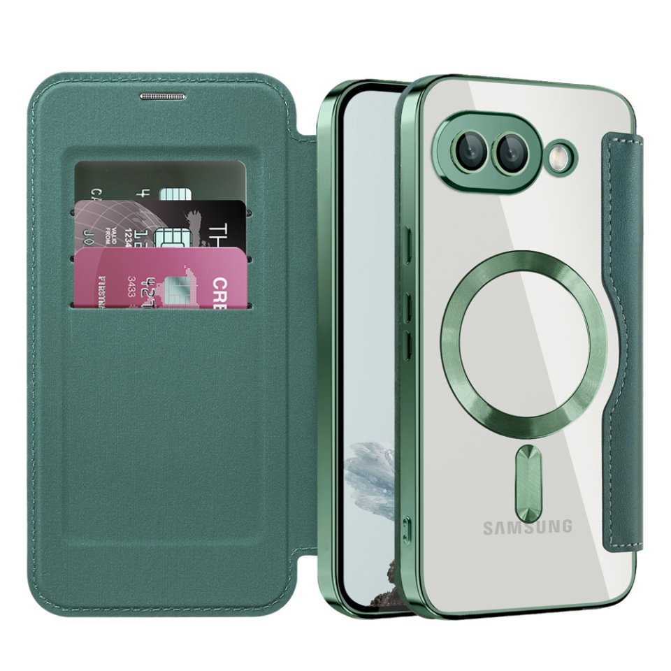 Husa pentru Google Pixel 9a tip carte, SKYDDAR INOVATION, SmartMag Book, Magsafe, RFiD, Suport Carduri, set cu sticker, Verde