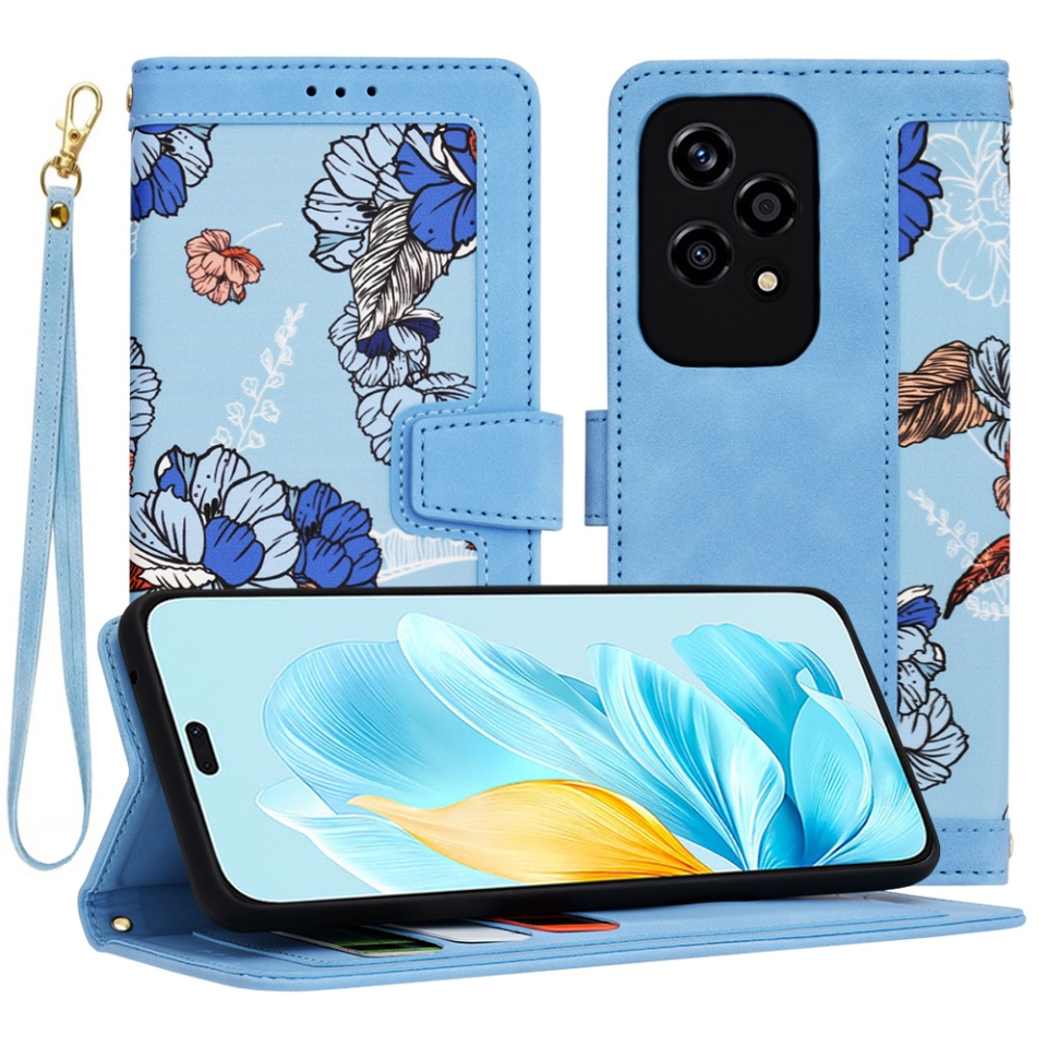 Husa pentru Honor 200 Lite din Piele Ecologică cu Design Floral, Protecție 360°, Stand Integrat, Buzunare pentru Carduri, SKDR Floral Wallet - Bleu