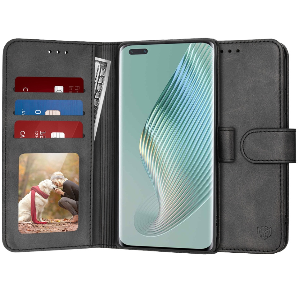 Husa pentru Honor Magic5 Pro, SKYDDAR INNOVATION, Diary Book, tip carte, cu Portofel Interior, Antisoc, Negru, set cu sticker