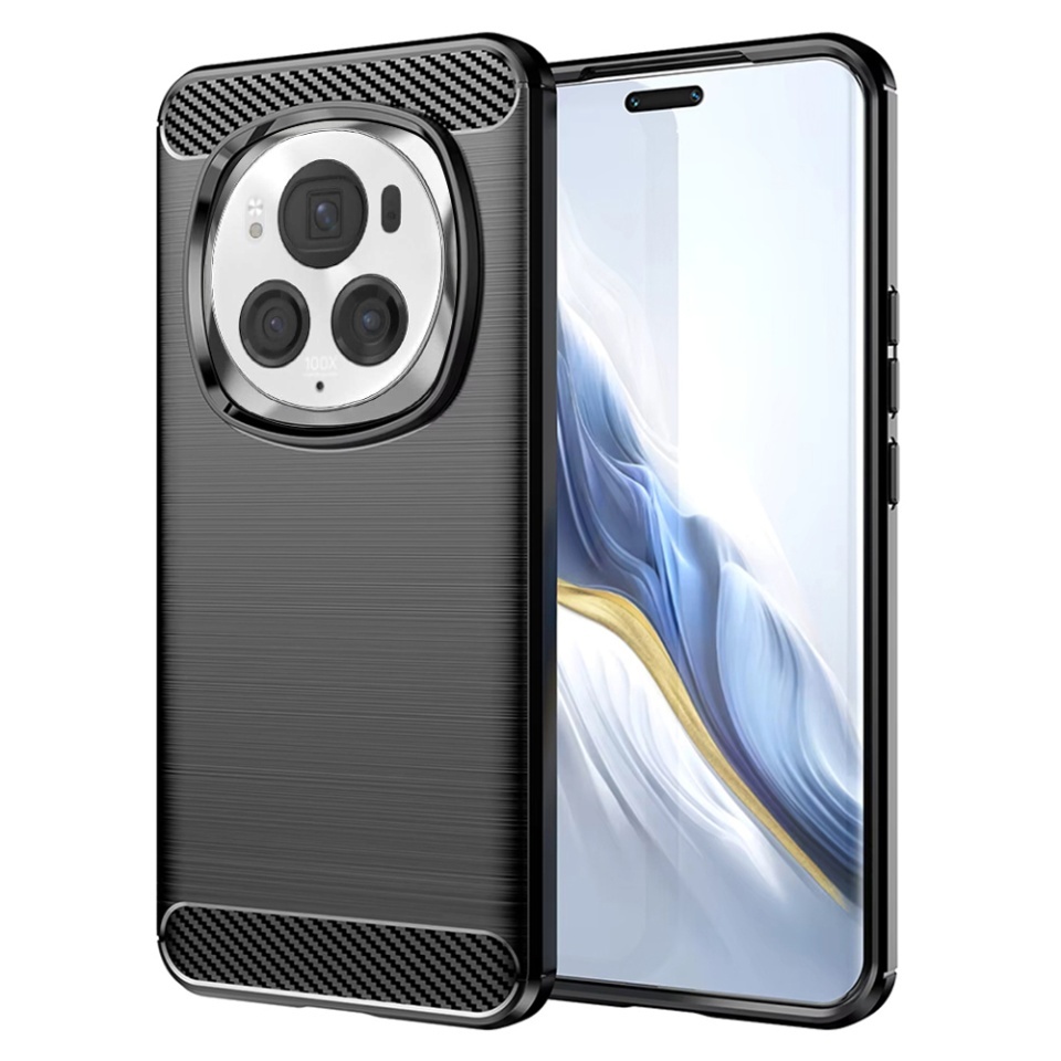 Husa pentru Honor Magic6 Pro, SKYDDAR INNOVATION, Carbon Silicone, din Silicon Slim, cu textura Fibra Carbon, set cu sticker, Negru
