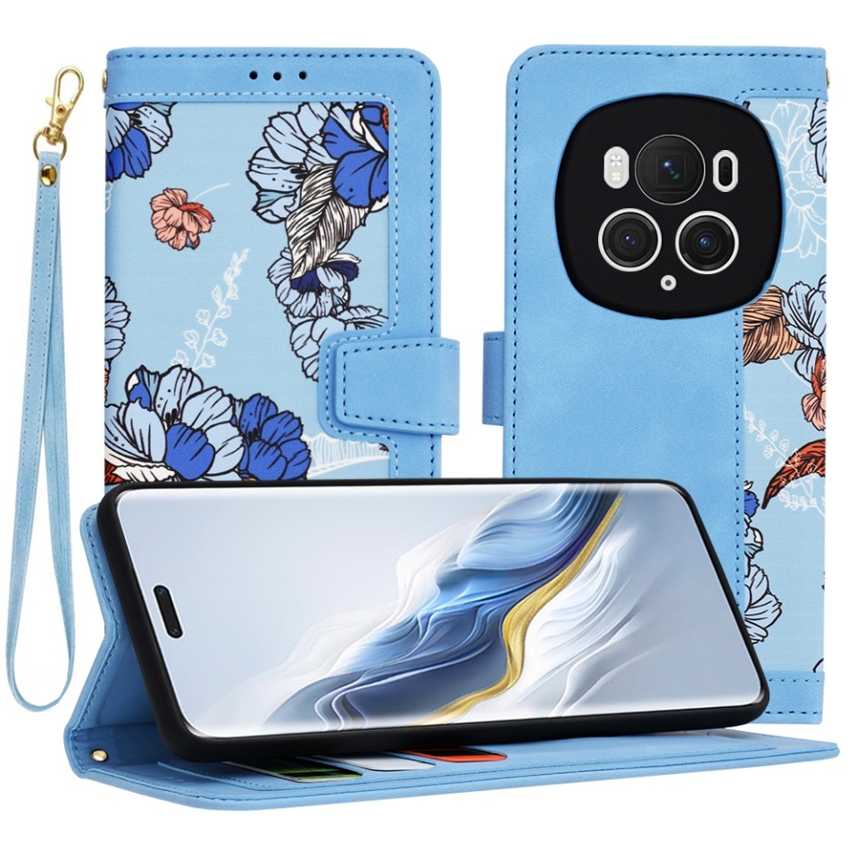 Husa pentru Honor Magic6 Pro, SKYDDAR INNOVATION, Flipcraft din Piele Ecologică, Stand Integrat, Buzunare pentru Carduri, set cu sticker, Bleu