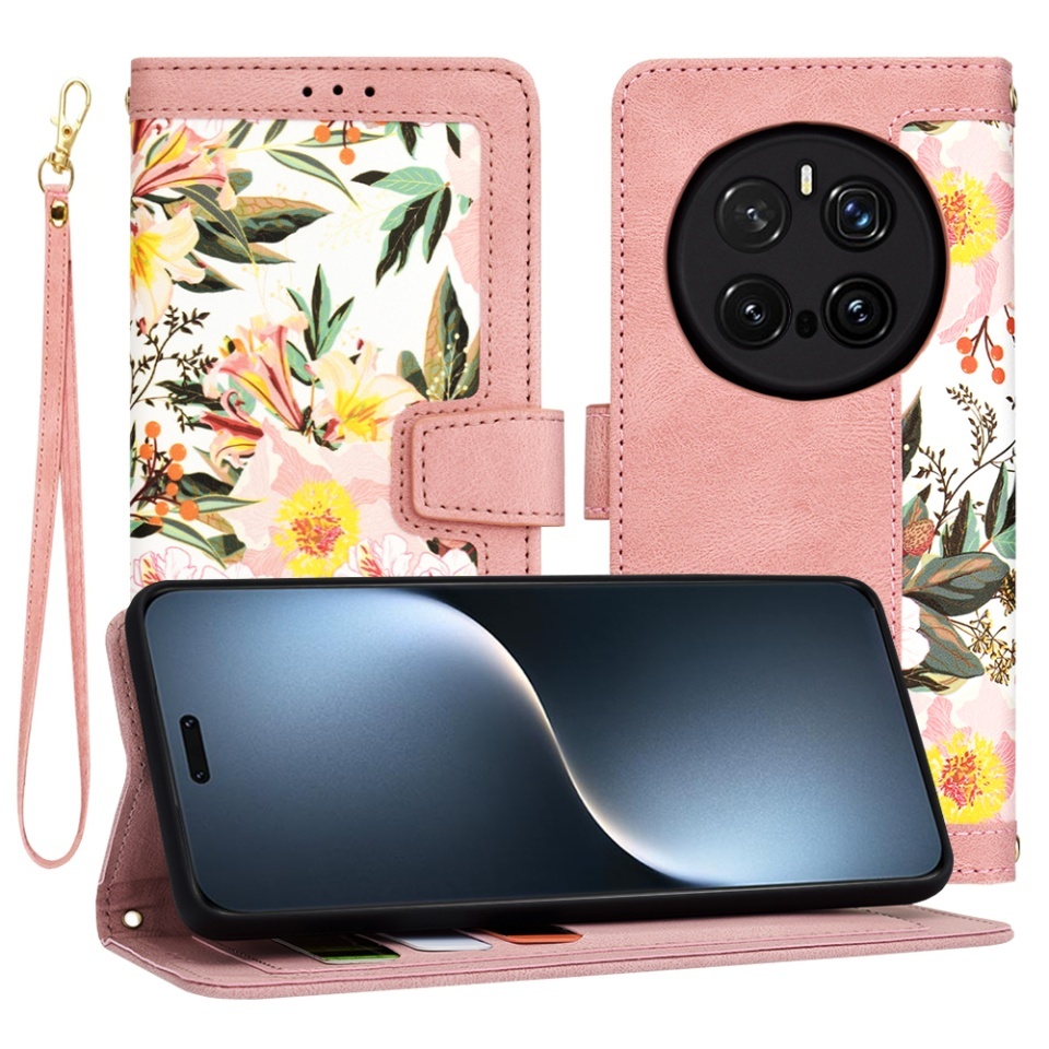 Husa pentru Honor Magic7 Pro, SKYDDAR INNOVATION, Flipcraft din Piele Ecologică, Stand Integrat, Buzunare pentru Carduri, set cu sticker, Roz