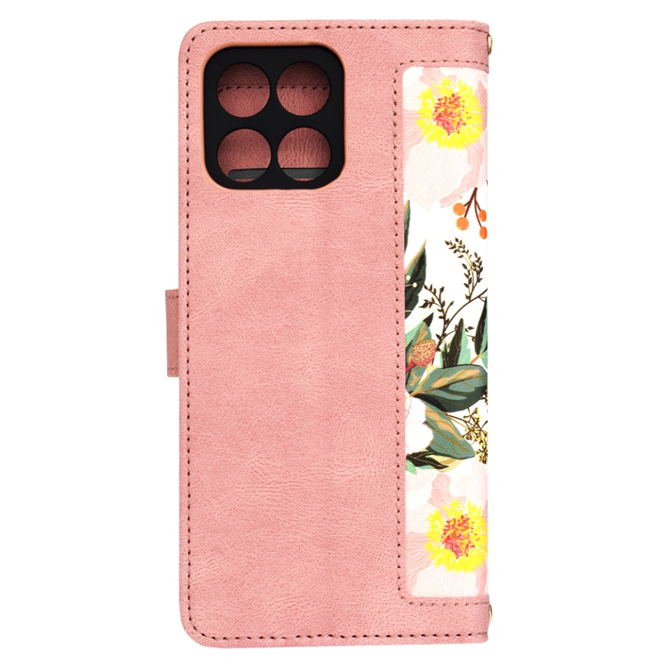 Husa pentru Honor X6 / X8 5G / 70 Lite din Piele Ecologică cu Design Floral, Protecție 360°, Stand Integrat, Buzunare pentru Carduri, SKDR Floral Wallet - Roz - 3 | YEO