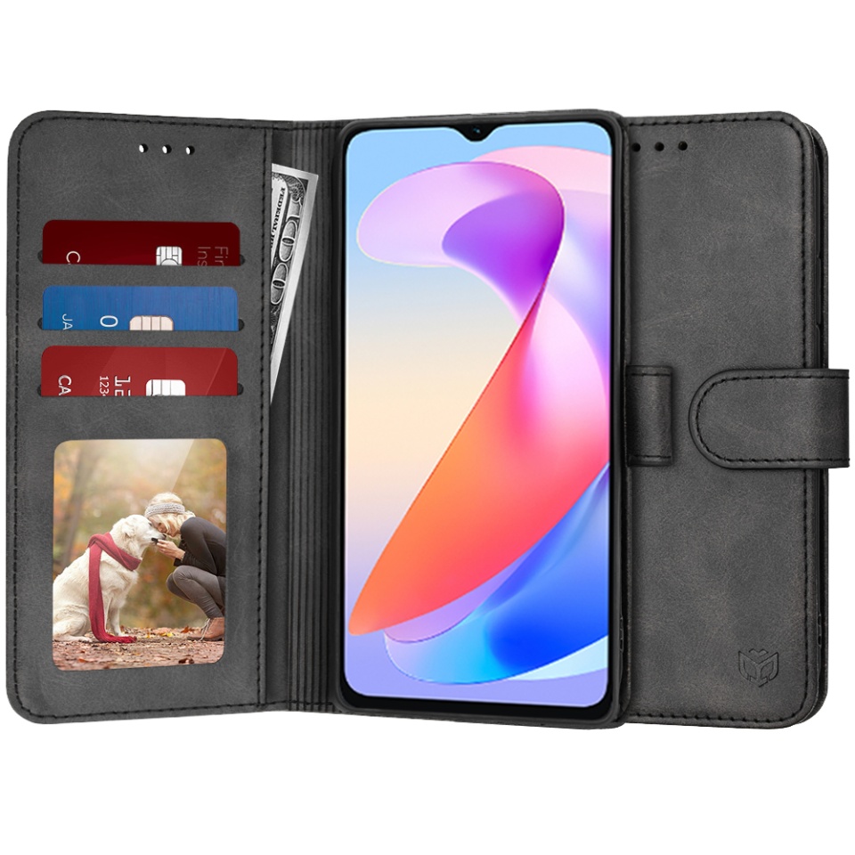 Husa pentru Honor X6a, SKYDDAR INNOVATION, Diary Book, tip carte, cu Portofel Interior, Antisoc, Negru, set cu sticker