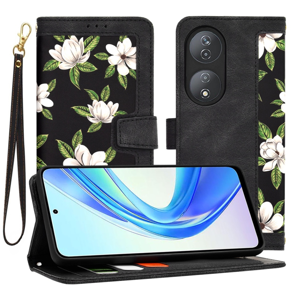 Husa pentru Honor X7b / 90 Smart / X7b 5G din Piele Ecologică cu Design Floral, Protecție 360°, Stand Integrat, Buzunare pentru Carduri, SKDR Floral Wallet - Negru