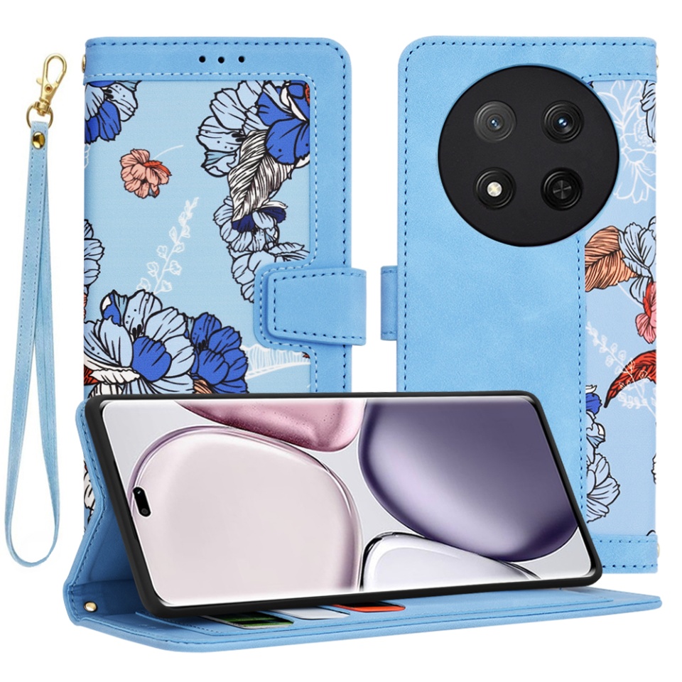 Husa pentru Honor X9c / Magic7 Lite din Piele Ecologică cu Design Floral, Protecție 360°, Stand Integrat, Buzunare pentru Carduri, SKDR Floral Wallet - Bleu
