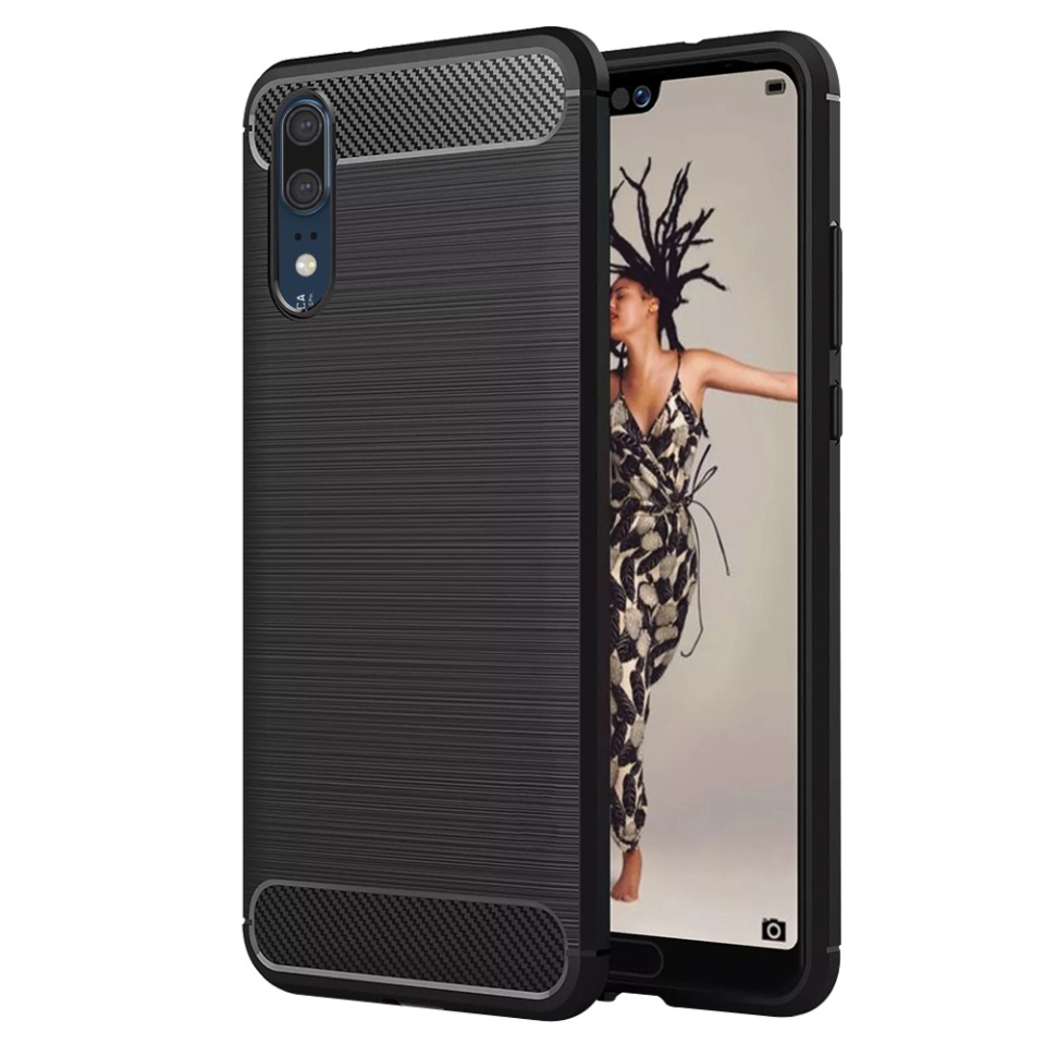 Husa pentru Huawei P20, SKYDDAR INNOVATION, Carbon Silicone, din Silicon Slim, cu textura Fibra Carbon, set cu sticker, Negru