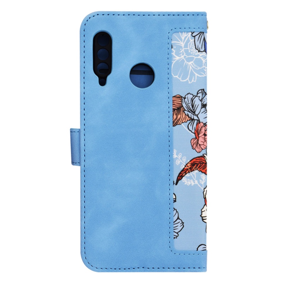 Husa pentru Huawei P30 Lite / P30 Lite New Edition din Piele Ecologică cu Design Floral, Protecție 360°, Stand Integrat, Buzunare pentru Carduri, SKDR Floral Wallet - Bleu - 2 | YEO
