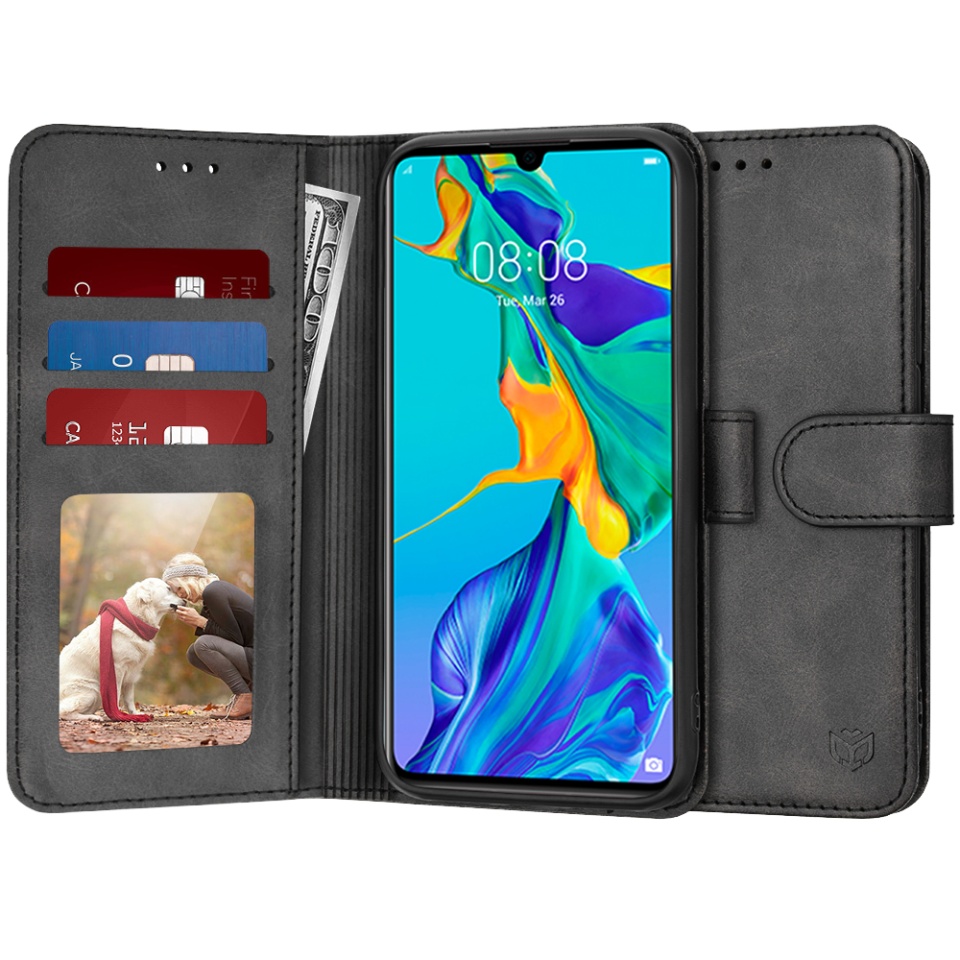 Husa pentru Huawei P30, SKYDDAR INNOVATION, Diary Book, tip carte, cu Portofel Interior, Antisoc, Negru, set cu sticker