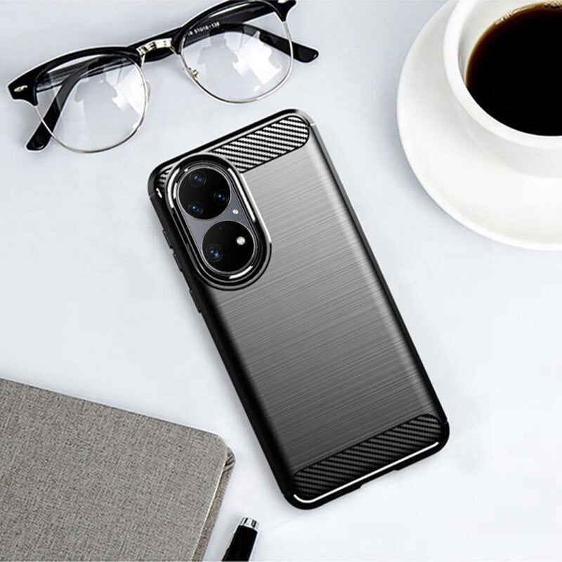 Husa pentru Huawei P50 Pro, SKYDDAR INNOVATION, Carbon Silicone, din Silicon Slim, cu textura Fibra Carbon, set cu sticker, Negru - 3 | YEO