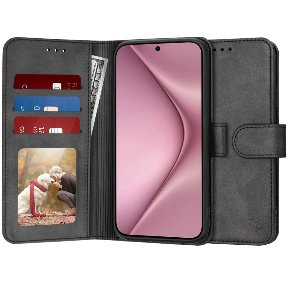 Husa pentru Huawei Pura 70, SKYDDAR INNOVATION, Diary Book, tip carte, cu Portofel Interior, Antisoc, Negru, set cu sticker