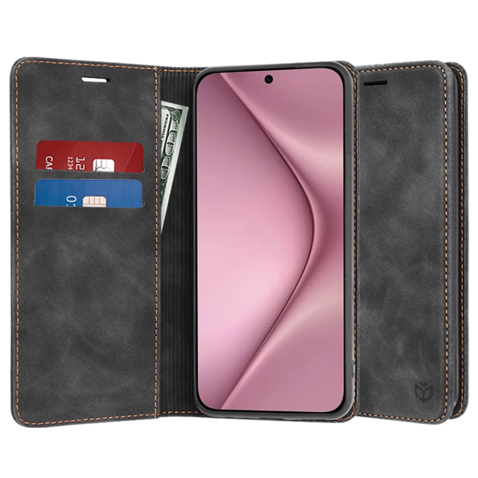 Husa pentru Huawei Pura 70, SKYDDAR INNOVATION, Soft Wallet, tip Carte din piele Eco Premium, cu Portofel Interior, Negru, set cu sticker