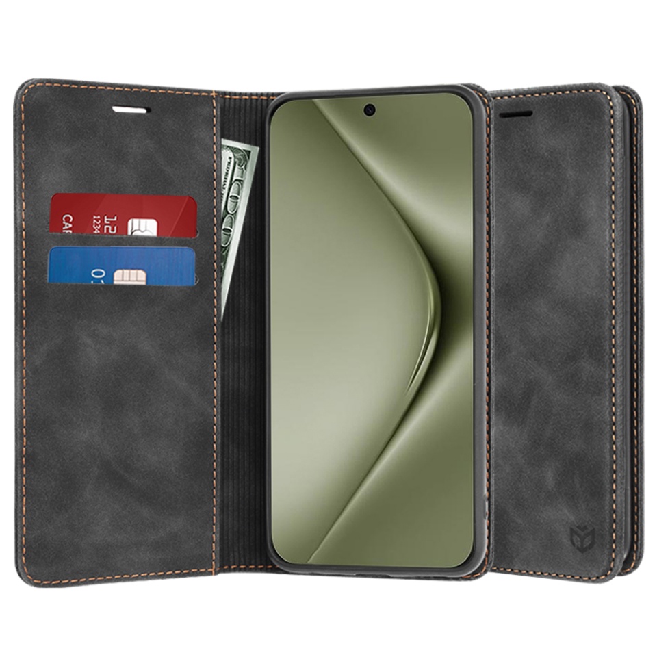 Husa pentru Huawei Pura 70 Ultra, SKYDDAR INNOVATION, Soft Wallet, tip Carte din piele Eco Premium, cu Portofel Interior, Negru, set cu sticker