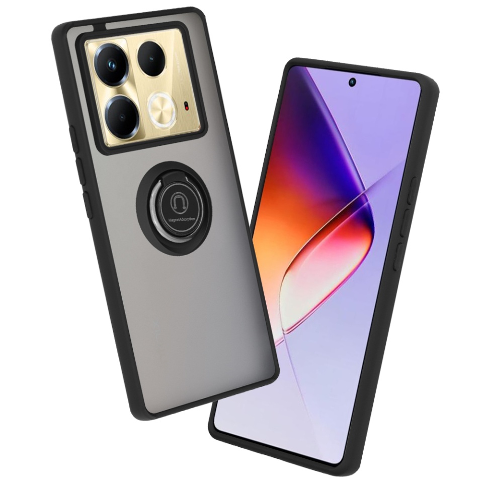 Husa pentru Infinix Note 40, SKYDDAR INNOVATION, Glinth cu Inel Rotativ 360° Magnetic, Negru, set cu sticker