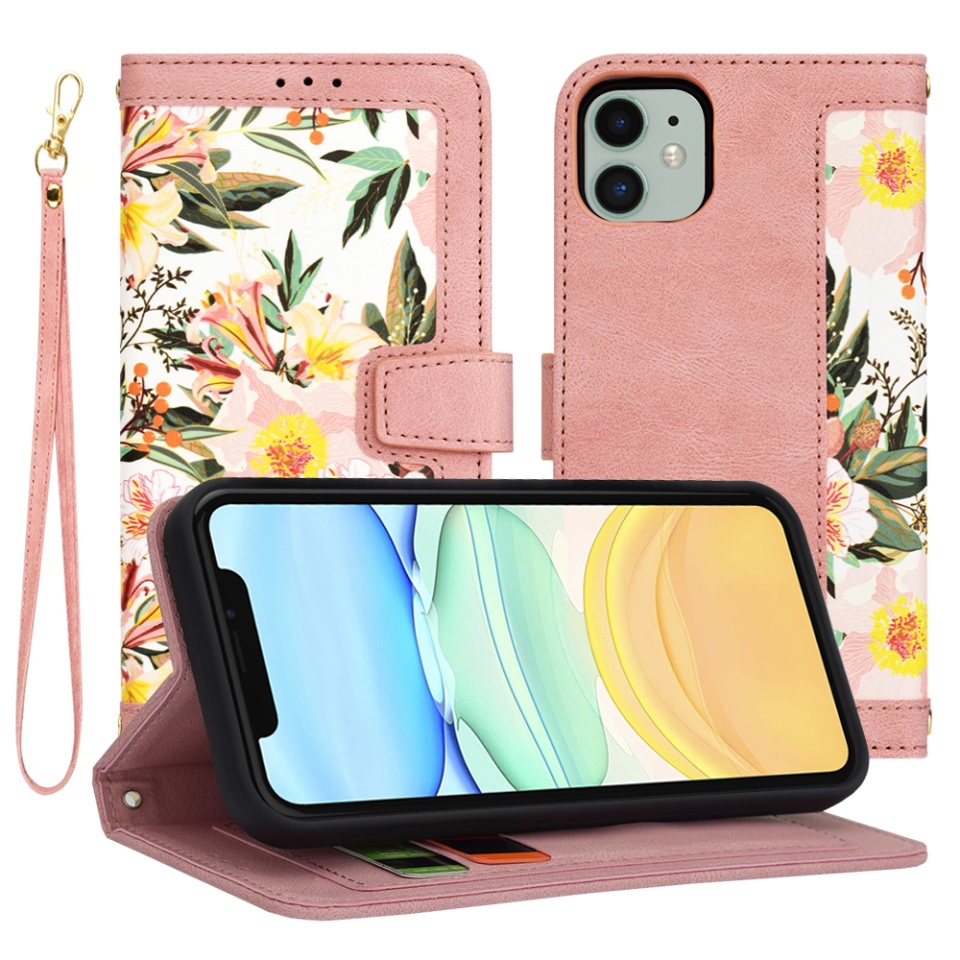 Husa pentru iPhone 11 din Piele Ecologică cu Design Floral, Protecție 360°, Stand Integrat, Buzunare pentru Carduri, SKDR Floral Wallet - Roz