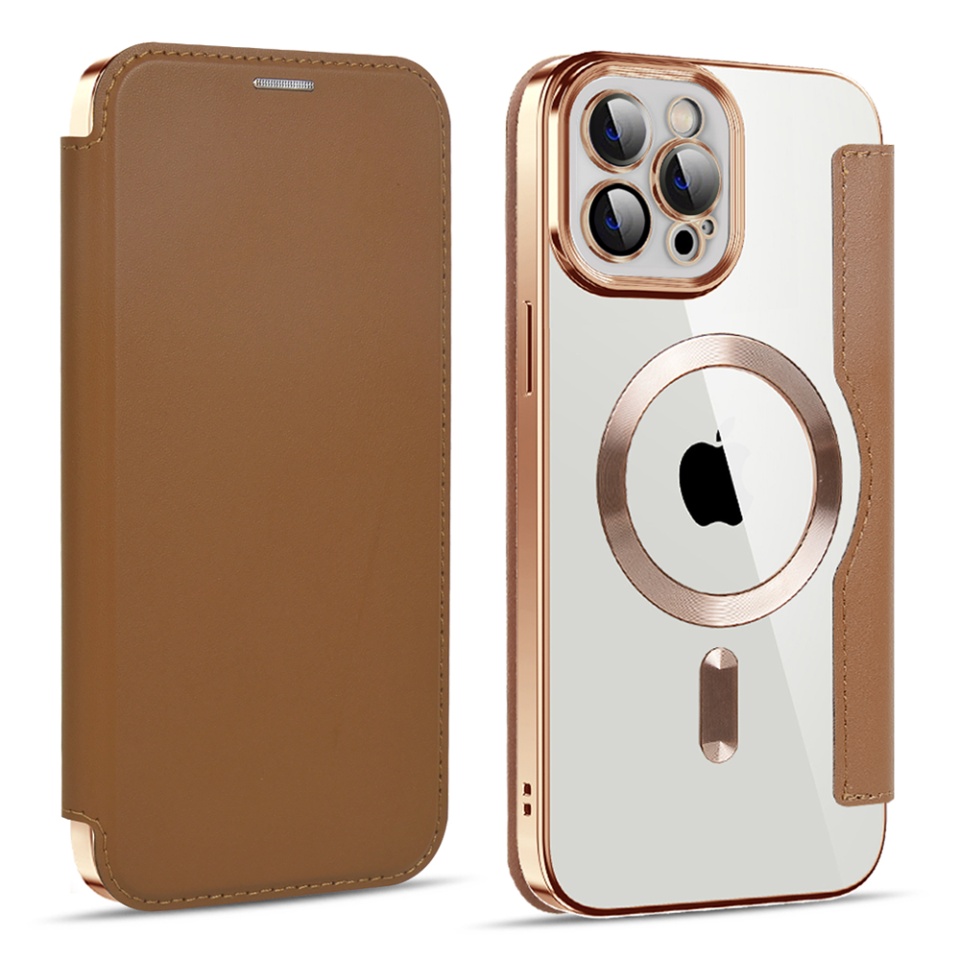 Husa pentru iPhone 11 Pro Max tip carte, SKYDDAR INOVATION, SmartMag Book, Magsafe, RFiD, Suport Carduri, set cu sticker, Maro - 1 | YEO