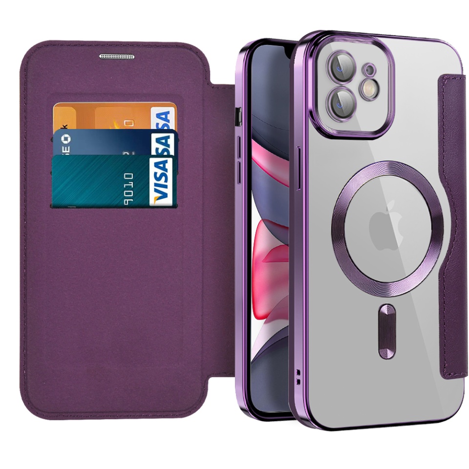 Husa pentru iPhone 11 tip carte, SKYDDAR INOVATION, SmartMag Book, Magsafe, RFiD, Suport Carduri, set cu sticker, Mov