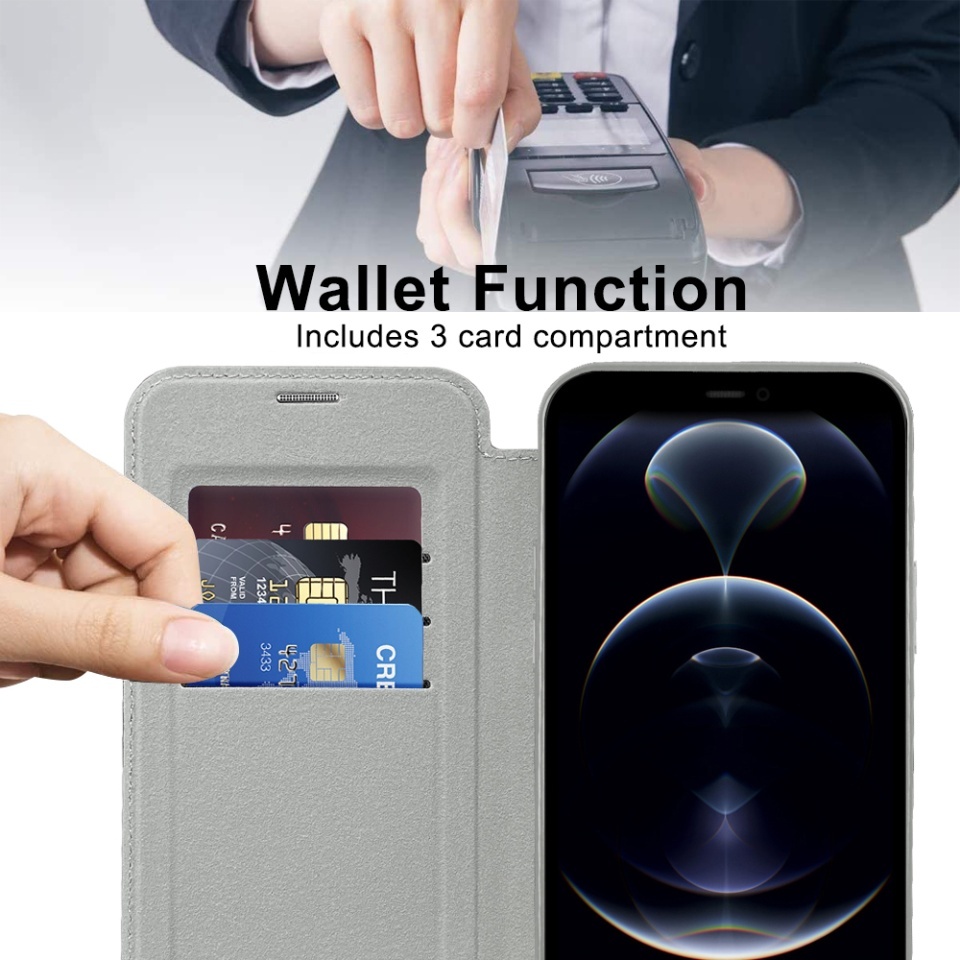 Husa pentru iPhone 11 tip carte, SKYDDAR INOVATION, SmartMag Book, Magsafe, RFiD, Suport Carduri, set cu sticker, Gri - 5