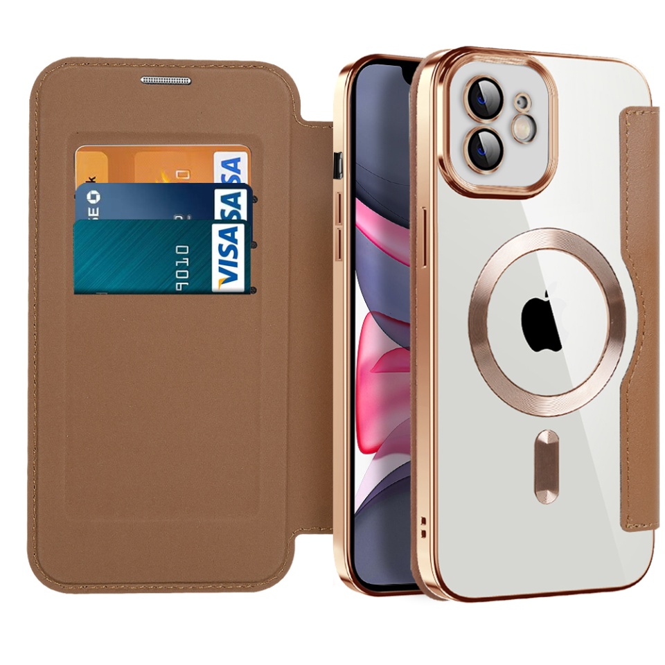 Husa pentru iPhone 11 tip carte, SKYDDAR INOVATION, SmartMag Book, Magsafe, RFiD, Suport Carduri, set cu sticker, Maro