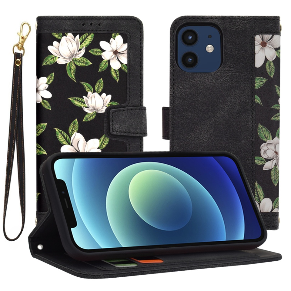Husa pentru iPhone 12 / 12 Pro din Piele Ecologică cu Design Floral, Protecție 360°, Stand Integrat, Buzunare pentru Carduri, SKDR Floral Wallet - Negru