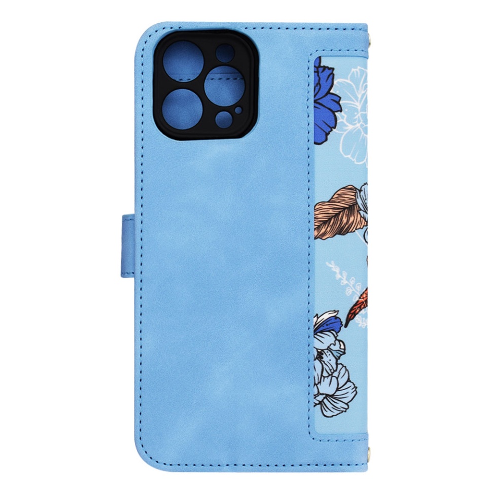 Husa pentru iPhone 12 Pro Max din Piele Ecologică cu Design Floral, Protecție 360°, Stand Integrat, Buzunare pentru Carduri, SKDR Floral Wallet - Bleu - 2 | YEO
