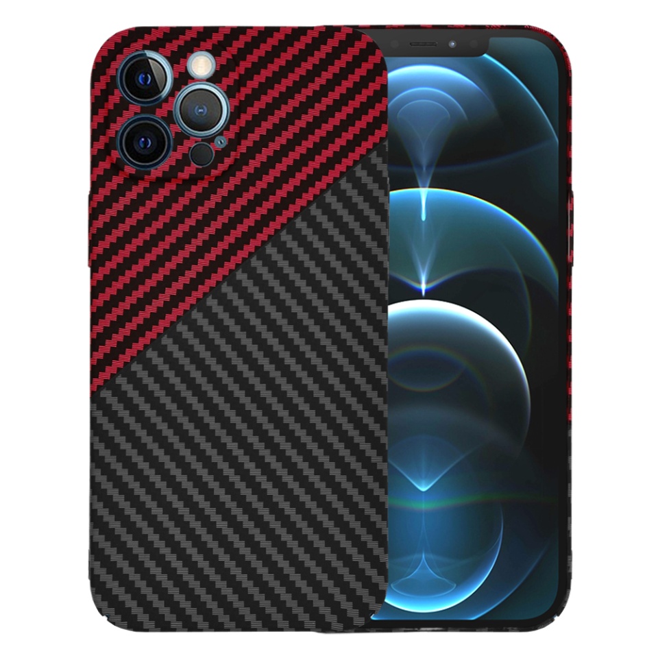 Husa pentru iPhone 12 Pro Max, Finisaj Premium cu Textura de Carbon, Design Elegant, SKDR CarbonFlex - Rosu inchis