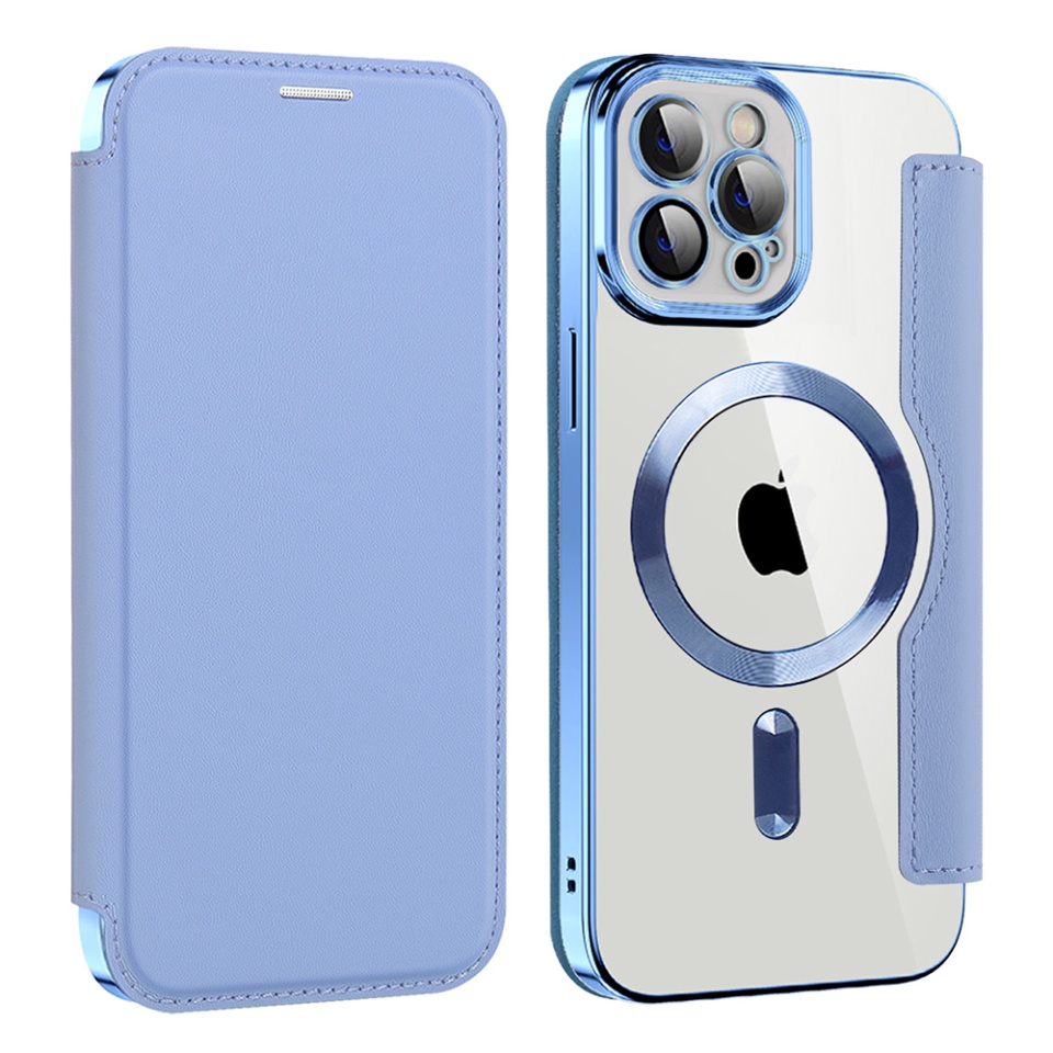 Husa pentru iPhone 12 Pro Max tip carte, SKYDDAR INOVATION, SmartMag Book, Magsafe, RFiD, Suport Carduri, set cu sticker, Bleu - 1 | YEO