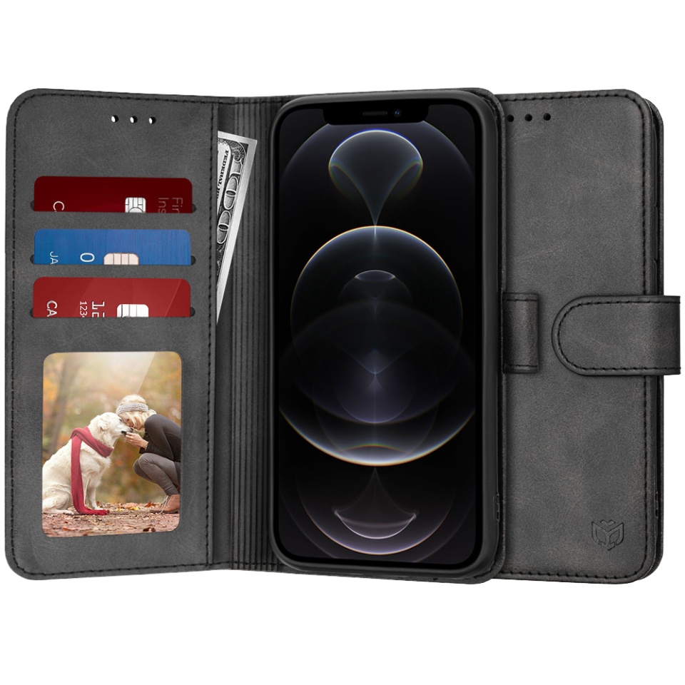 Husa pentru iPhone 12 Pro, SKYDDAR INNOVATION, Diary Book, tip carte, cu Portofel Interior, Antisoc, Negru, set cu sticker
