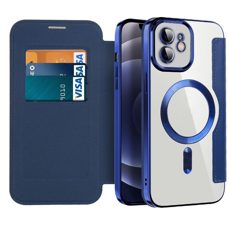 Husa pentru iPhone 12 tip carte, SKYDDAR INOVATION, SmartMag Book, Magsafe, RFiD, Suport Carduri, set cu sticker, Albastru
