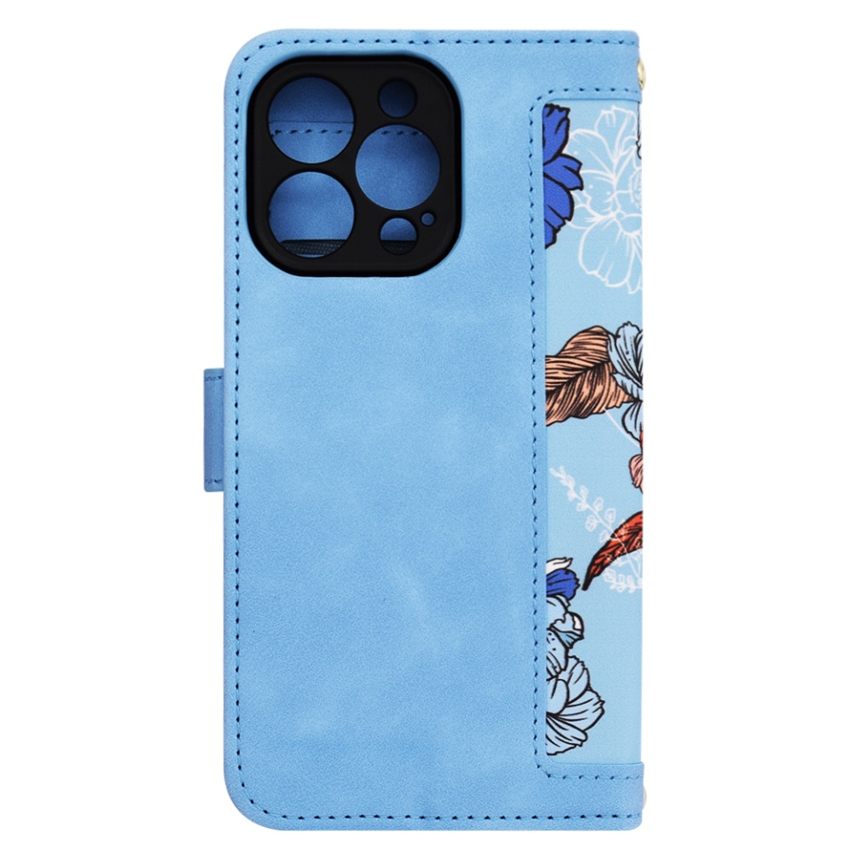 Husa pentru iPhone 13 Pro din Piele Ecologică cu Design Floral, Protecție 360°, Stand Integrat, Buzunare pentru Carduri, SKDR Floral Wallet - Bleu - 2 | YEO