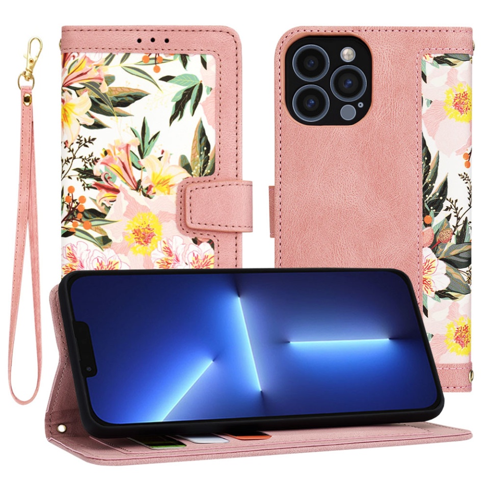 Husa pentru iPhone 13 Pro Max din Piele Ecologică cu Design Floral, Protecție 360°, Stand Integrat, Buzunare pentru Carduri, SKDR Floral Wallet - Roz