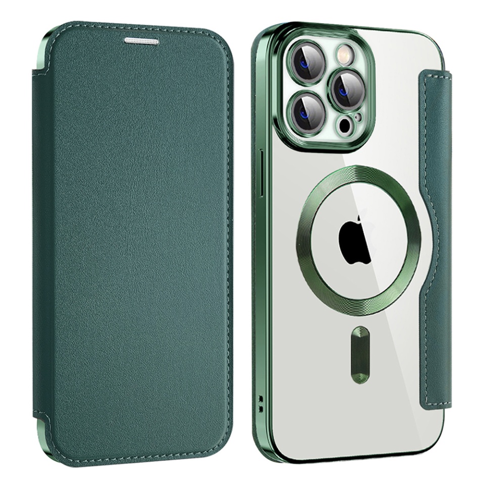 Husa pentru iPhone 13 Pro Max tip carte, SKYDDAR INOVATION, SmartMag Book, Magsafe, RFiD, Suport Carduri, set cu sticker, Verde - 1 | YEO