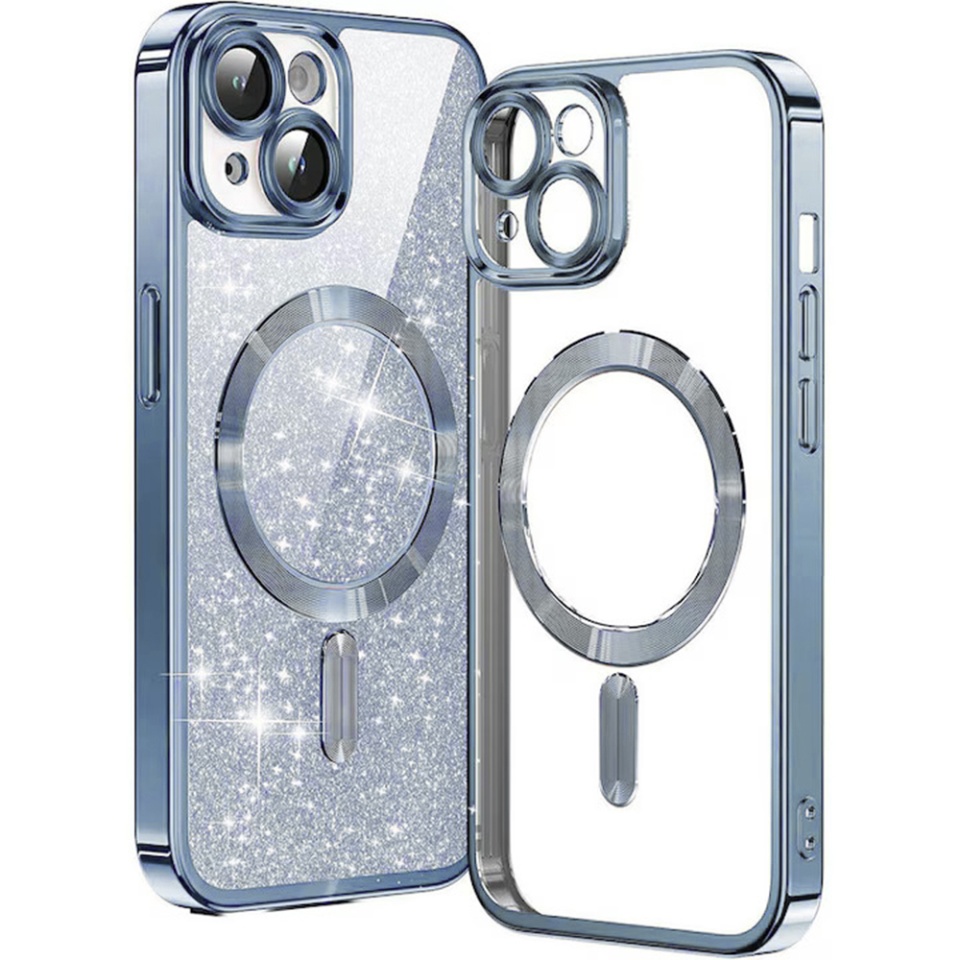 Husa pentru iPhone 13, SKYDDAR INNOVATION, Luxury Glitter Magsafe, Antisoc, Fundal Detasabil 2-in-1, Protectie Superioara, Margini Ridicate, Bleu, set cu sticker