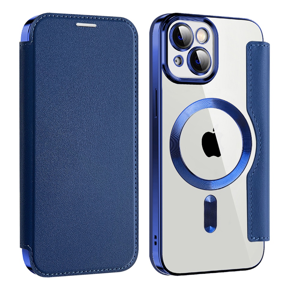 Husa pentru iPhone 13 tip carte, SKYDDAR INOVATION, SmartMag Book, Magsafe, RFiD, Suport Carduri, set cu sticker, Albastru - 1 | YEO