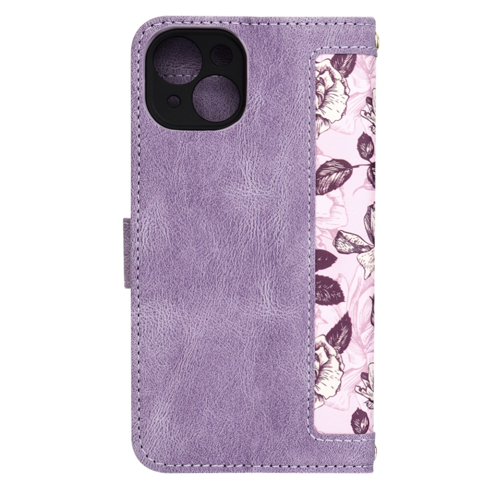 Husa pentru iPhone 14 din Piele Ecologică cu Design Floral, Protecție 360°, Stand Integrat, Buzunare pentru Carduri, SKDR Floral Wallet - Mov - 2 | YEO