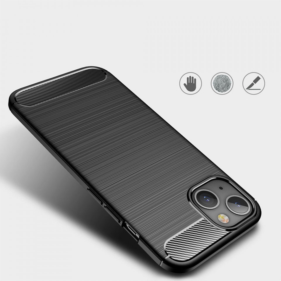 Husa pentru iPhone 14 din silicon, Slim, cu textura Fibra Carbon - Negru - 3 | YEO