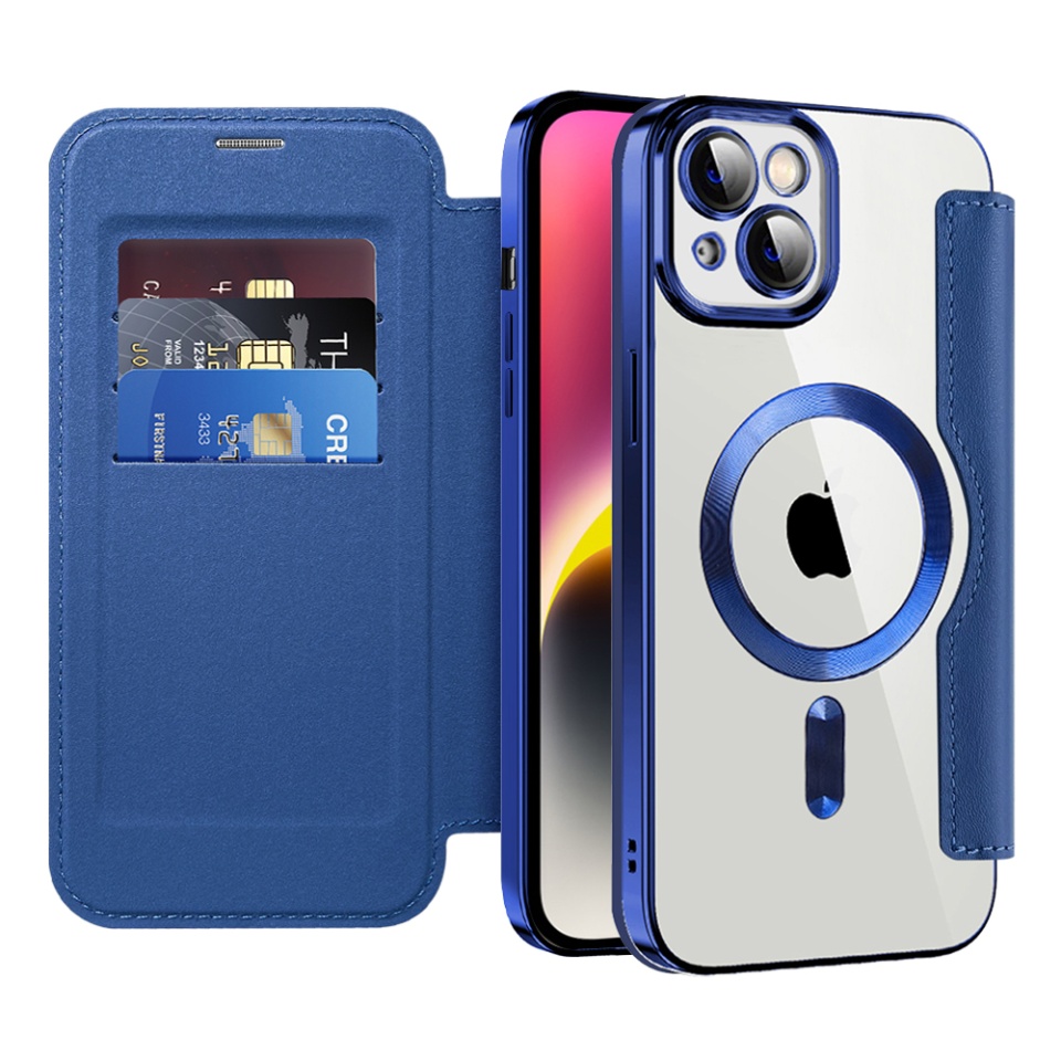 Husa pentru iPhone 14 Plus tip carte, SKYDDAR INOVATION, SmartMag Book, Magsafe, RFiD, Suport Carduri, set cu sticker, Albastru