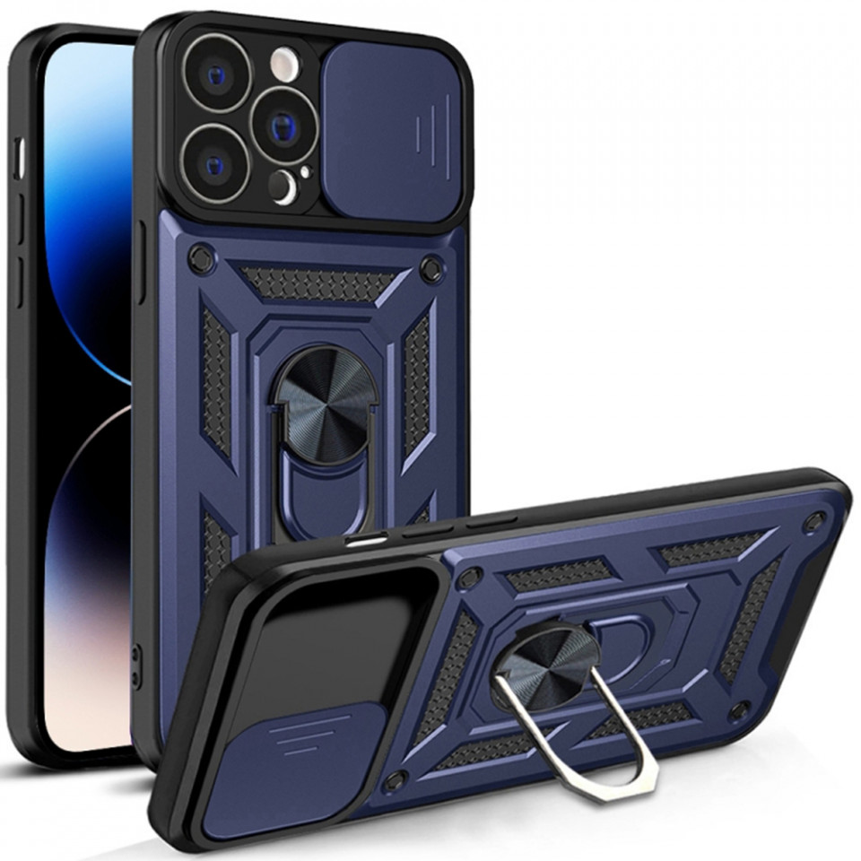 Husa pentru iPhone 14 Pro cu inel magnetic si protectie camera Skyddar CamShield - Albastru