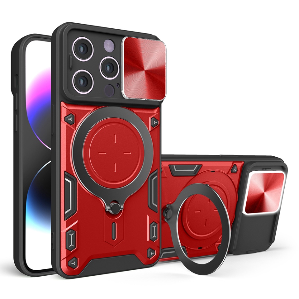 Husa pentru iPhone 14 Pro, cu inel magnetic si suport ajustabil, protecție completa camera, SKDR SafeCover - Rosu