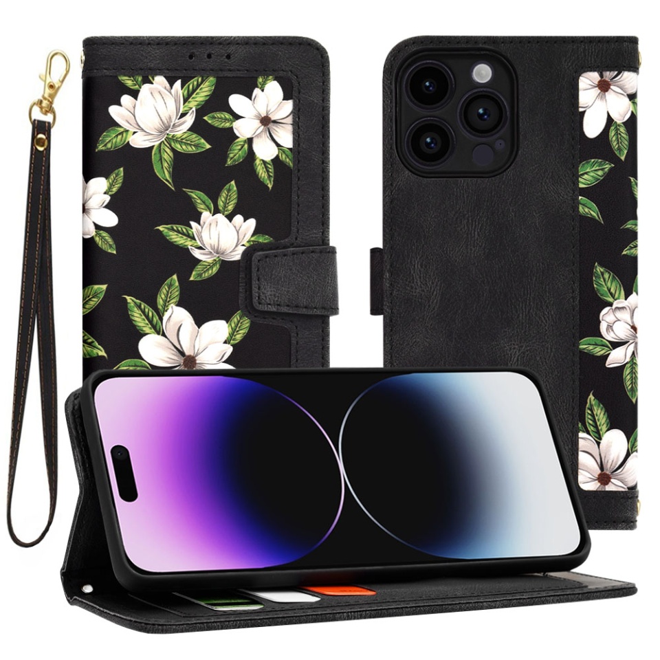 Husa pentru iPhone 14 Pro Max din Piele Ecologică cu Design Floral, Protecție 360°, Stand Integrat, Buzunare pentru Carduri, SKDR Floral Wallet - Negru